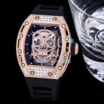 Swiss Richard Mille RM 052 Rose Gold Diamond Bezel Skull Watch Black Strap